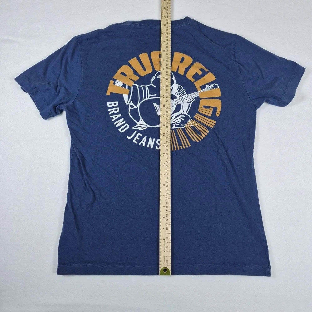 True Religion Brand Jeans T Shirt Men's Medium Blue Orange Buddha Graphic Tee